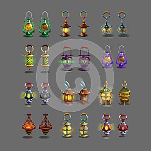 ?artoon set colorful ancient lamps for fantasy games.