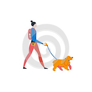 Ð¡artoon style icons of english cocker spaniel and personal dog-walker. Cute girl with pet outdoors