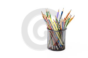 Arts and Craft Ideas. Variety of Colored Wooden Pencils Placed Together in Metal Round Holder. Isolated Over White