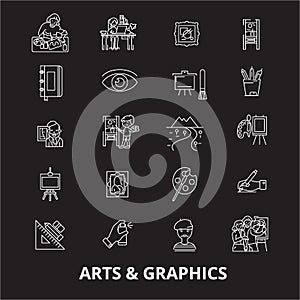 Arts graphics editable line icons vector set on black background. Arts graphics white outline illustrations, signs