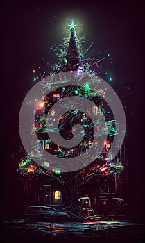Artstic Christmas Tree With Glowing Lights AI Generative photo