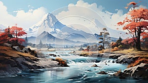 Artwark Painting of Minimal Flowing River and Snow Mountains Under Sky