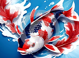 An artwork of a beautiful red and black and white koi fish