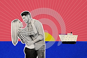 Artwork collage of idyllic peaceful black white colors partners cuddle enjoy travel cruise ship sunset ocean isolated on