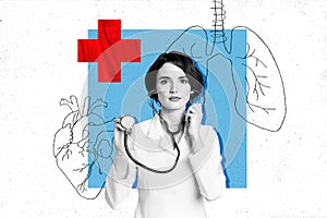 Artwork collage image of black white effect doctor girl listen stethoscope drawing lungs heart isolated on creative