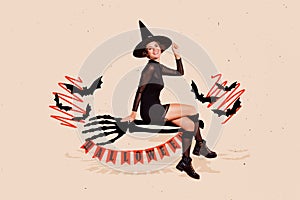 Artwork collage image of cheerful enchant girl sit big skeleton arm halloween flags flying bats isolated on beige photo