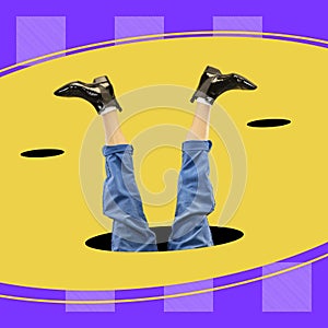 Artwork, collage. Male legs upside down, circles and lines. Copyspace for advertisement, offer.