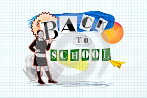 Artwork collage of mini black white colors girl point finger bi back to school poster paper plane isolated on checkered