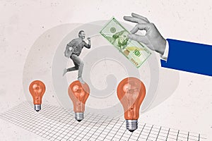 Artwork collage of mini black white effect man hold netbook run big light bulb arm hold dollar bulb banknote isolated on