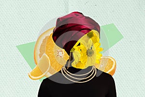 Artwork collage picture of elegant african clothes girl daisy flowers instead face orange fruit slice isolated on