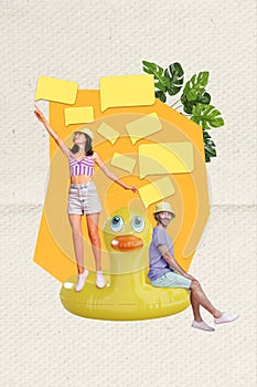 Artwork collage picture of funky couple sitting rubber duck talking empty space isolated drawing background