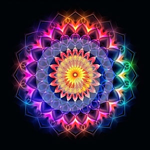 Artwork of colorful glowing fire and ice Mandala . Spiritual flower style generative AI