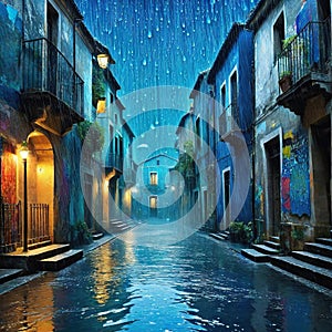 A artwork combining collage and depicting rain as a collage of torn paper in different ures and