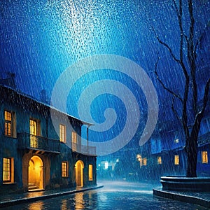 A artwork combining collage and depicting rain as a collage of torn paper in different ures and