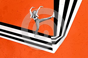 Artwork composite collage of orange color black white line element silhouette fashion active funky dance move young lady