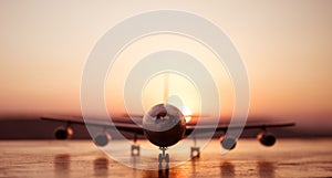 Artwork decoration. White passenger plane ready to taking off from airport runway. Silhouette of Aircraft during sunset time