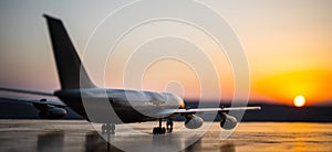 Artwork decoration. White passenger plane ready to taking off from airport runway. Silhouette of Aircraft during sunset time