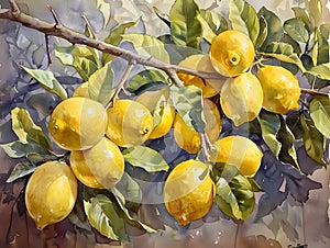 Artwork depicting ripe lemons on a fruit tree branch
