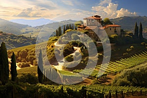 An artwork depicting a solitary house perched on the peak of a picturesque hill, A peaceful scene of a lush vineyard in the heart