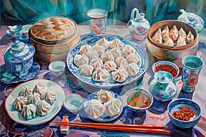 An artwork depicting a table covered with a variety of Asian dishes, showcasing the vibrant colors and assortment of flavors, A