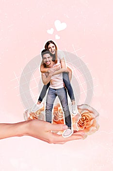 Artwork designed collage photo of young couple family husband hold piggyback wife stay arm palm with bouquet roses gift