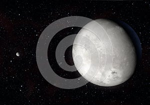 Artwork of Eris dwarf planet and your moon Dysnomia in the Kuiper belt