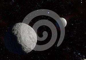 Artwork of Eris dwarf planet and your moon Dysnomia in the Kuiper belt