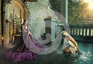 Artwork fantasy fairy evil insidious revenge woman queen sits on throne. Punishes captive girl princess metal chains