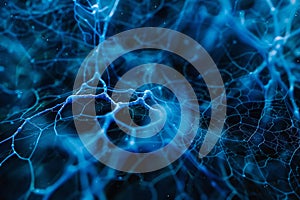 This artwork features a complex network of interconnected structures in vibrant blue