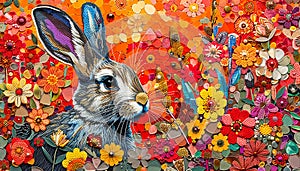 Artwork features a rabbit surrounded by an enchanted garden filled with vibrant, whimsical flowers