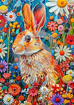 Artwork features a rabbit surrounded by an enchanted garden filled with vibrant, whimsical flowers