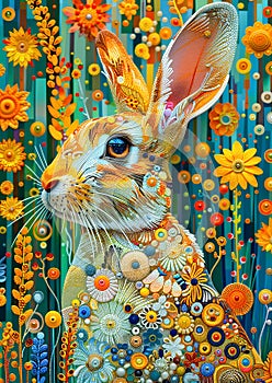 Artwork features a rabbit surrounded by an enchanted garden filled with vibrant, whimsical flowers