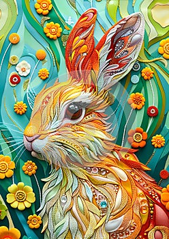 Artwork features a rabbit surrounded by an enchanted garden filled with vibrant, whimsical flowers