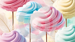 Vibrant Swirly Cotton Candy Clouds Set Against Soft Dreamy Pastel Background photo