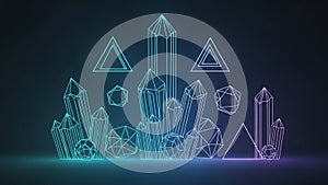 Artwork featuring glowing 3D geometric shapes including triangles and