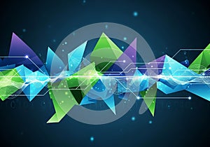 Artwork with geometric shapes in blue, green, and purple hues on a