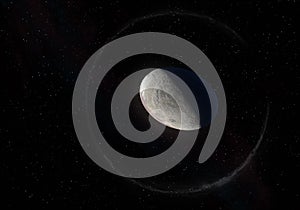 Artwork of Haumea ellipsoidal dwarf planet with rings in the Kuiper belt