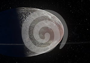 Artwork of Haumea ellipsoidal dwarf planet with rings in the Kuiper belt