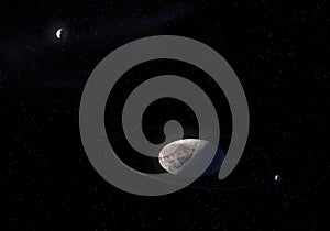 Artwork of Haumea ellipsoidal dwarf planet with rings in the Kuiper belt and its moons HiÊ»iaka and Namaka