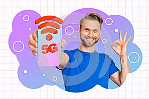 Artwork image trend sketch composite 3d collage photo of young smiled man hold in hand phone 5g global internet