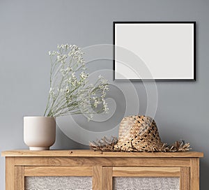 Artwork in interior design. Picture frame mockup on white wall, minimalism concept