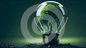 Artwork of light Bulb with tree inside. Ecology concept. Generative AI. Space for text