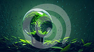 Artwork of light Bulb with tree inside surrounded plants. Eco concept. Generative AI. Space for text