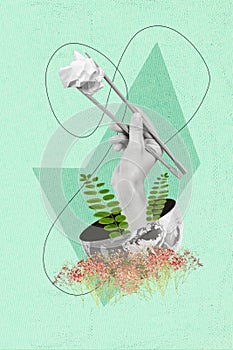 Artwork magazine collage picture of arms holding chopsticks cleaning nature isolated green color background