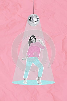 Artwork magazine collage picture of smiling happy lady having fun disco ball lights isolated drawing background