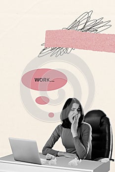 Artwork magazine collage picture of tired lady working modern device yawning isolated drawing background