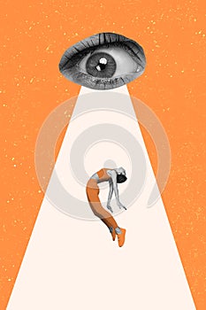 Artwork magazine picture of alien big eye light rays kidnapp sleeping young woman esoteric telekinesis concept isolated