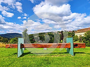 Artwork park bench in wonderful panorama view