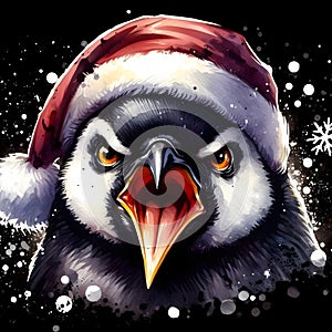 Artwork of a penguin (Spheniscidae) wearing a red Santa hat. The penguin's photo