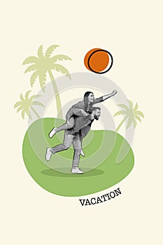 Artwork pop sketch poster collage of positive people running beach rejoice resort abroad tropics nature green tree enjoy